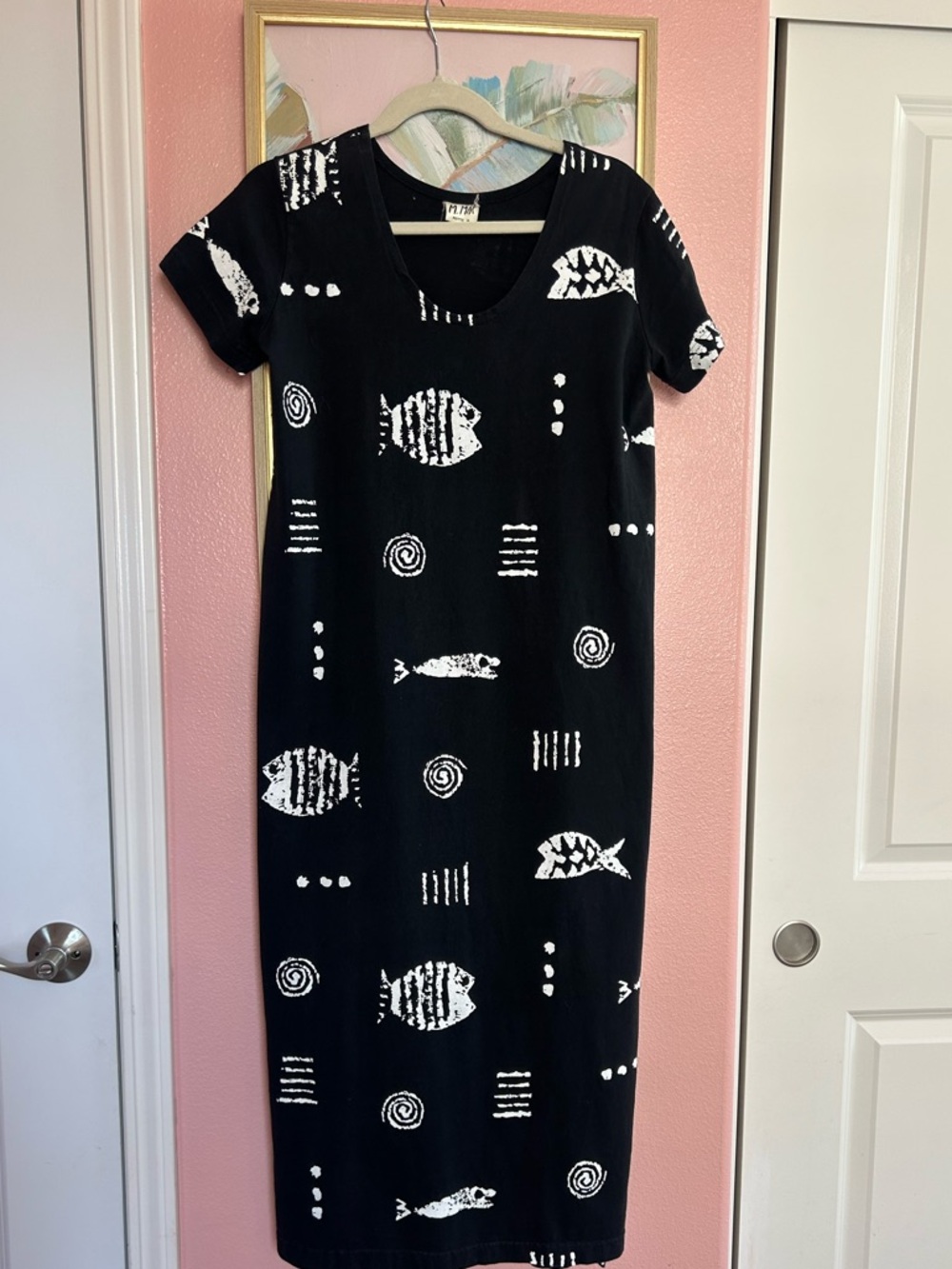 VTG 90s resort-wear tribal fish pattern cotton made USA maxi dress S Petite